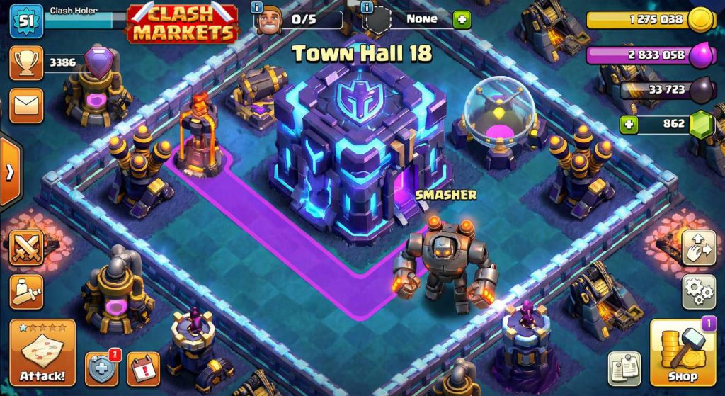 isometric in-game screenshot of a maxed Town Hall 18 base in Clash of Clans